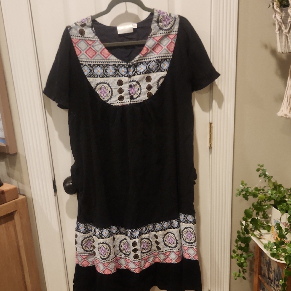 Black and Multicolor Midi Dress Vintage Dress With Pockets